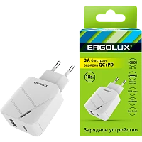 Сетевое З/У Ergolux ELX-РA01QC-C01 1USB+1Type-C 3.0A 18W PD,QC белый (1/10/240)