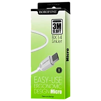 Кабель Borofone BX14 USB (m)-microUSB (m) 3м 2.4A ПВХ белый (1/360)