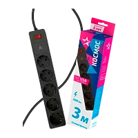 Сетевой фильтр Космос 5р.С/З 10A 3.0м 2USB ПВС 3x0.75мм² с выкл. черный (1/20)