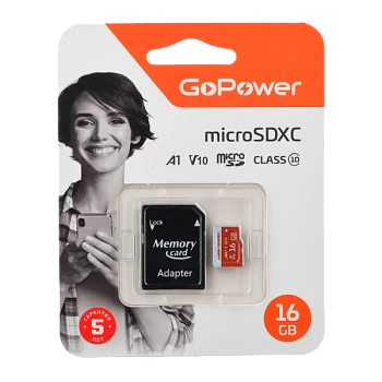 Карта памяти microSD GoPower 16GB Class10 UHS-I (U3) 80 МБ/сек V10 с адаптером