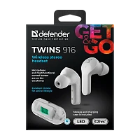 Наушники вставные Defender Twins 916 bluetooth 5.0 с микр. белый (1/40)