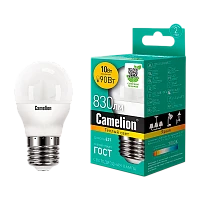 Лампа светодиодная Camelion G45 E27 10W 3000К 170-265V шар матовая (1/10/100)