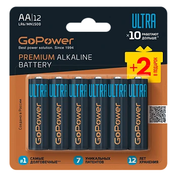 Батарейка GoPower Ультра/ULTRA LR6 AA BL10+2 Щелочная 1.5V (12/72/576)
