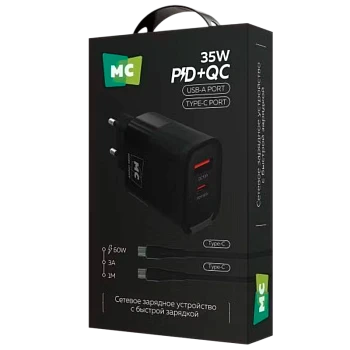 Сетевое З/У MORE CHOICE NC82a 1USB+1Type-C 3.0A 35W PD,QC с кабелем Type-C/Type-C черный 