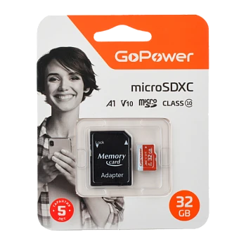 Карта памяти microSD GoPower 32GB Class10 UHS-I (U3) 80 МБ/сек V30 с адаптером