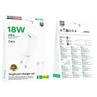 Сетевое З/У Borofone BA102A 1USB 18W QC3.0 с кабелем microUSB белый (1/20/120)