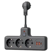 Сетевой фильтр Космос Компакт 3р.С/З 10A 0.3м 2USB+Type-C ПВС 3x1мм² с выкл. черный (1/40)