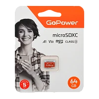 Карта памяти microSD GoPower 64GB Class10 UHS-I (U3) 100 МБ/сек V30 без адаптера