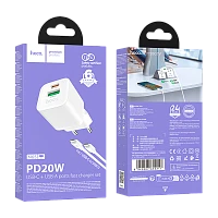 Сетевое З/У HOCO N65 1USB+1Type-C 20W PD,QC с кабелем Type-C белый (1/13/130)