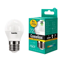 Лампа светодиодная Camelion G45 E27 8W 3000К 170-265V шар матовая (1/10/100)