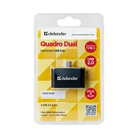 Переходник Defender Quadro Dual Type-C (m)-2xUSB (f) пластик черный (1/100)