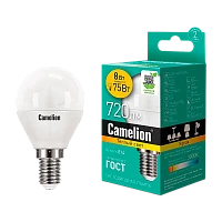 Лампа светодиодная Camelion G45 E14 8W 3000К 170-265V шар матовая (1/10/100)