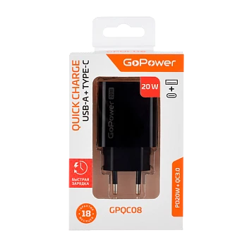 Сетевое З/У GoPower GPQC08 1USB+1Type-C 20W QC3.0 черный