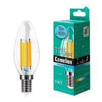 Лампа светодиодная филамент Camelion C35 E14 12W 4500К 207-244V свеча прозрачная (1/10/100)