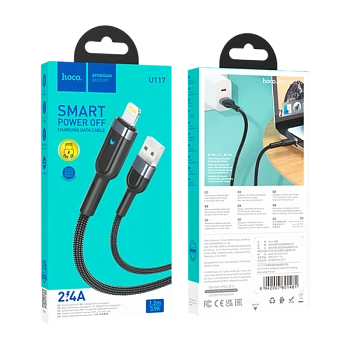 Кабель HOCO U117 USB (m)-Lightning (m) 1.2м 2.4A нейлон с отключением питания черный (1/22/220)