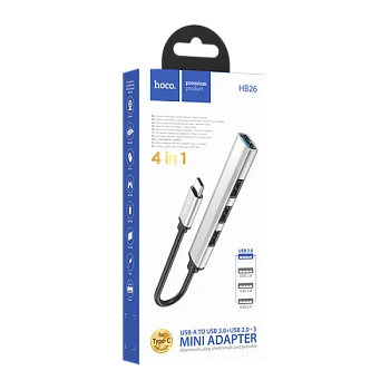 USB-Хаб HOCO HB26 4USB Type-C (m) USB3.0 серебряный (1/18/180)