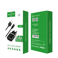 Сетевое З/У HOCO C12 2USB 2.4A с кабелем Lightning черный (1/10/100)