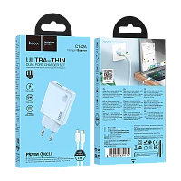 Сетевое З/У HOCO C142A 1USB+1Type-C 20W PD,QC с кабелем Type-C/Type-C голубой (1/19/190)