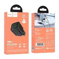 Сетевое З/У HOCO N65 1USB+1Type-C 20W PD,QC черный (1/13/130)
