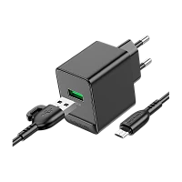 Сетевое З/У Borofone BAS12A Erudite 1USB 3.0A 18W QC,FCP,AFC с кабелем Type-C черный (1/48/192)