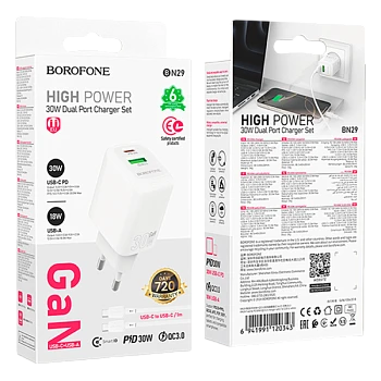 Сетевое З/У Borofone BN29 1USB+1Type-C 3.0A PD,QC GaN белый (1/32/128)