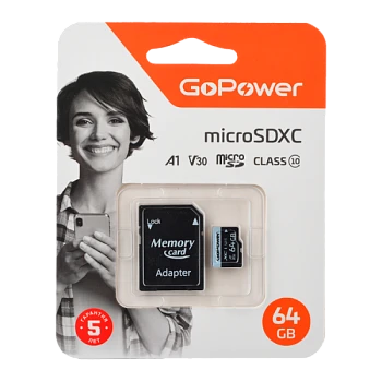 Карта памяти microSD GoPower 64GB Class10 70 МБ/сек V30 с адаптером