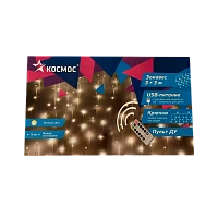 Гирлянда Космос "Дождь" 300LED 3х3м 8 режимов с крючками для крепления пульт ДУ белый теплый (1/60)