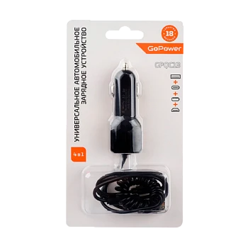 Автомобильное З/У GoPower GPQC13 1USB+Кабель MicroUSB/Lightning/Type-C черный (1/200)