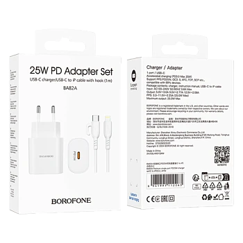 Сетевое З/У Borofone BA82A Type-C 3.0A 25W PD,QC с кабелем Type-C-Lightning белый (1/46/184)