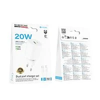 Сетевое З/У Borofone BA104A 1USB+1Type-C 20W QC3.0 с кабелем Lightning/Type-C белый (1/20/120)