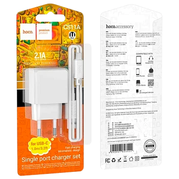 Сетевое З/У HOCO CS11A 1USB 2.1A с кабелем Type-C белый (1/28/168)
