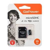 Карта памяти microSD GoPower 16GB Class10 60 МБ/сек V10 с адаптером