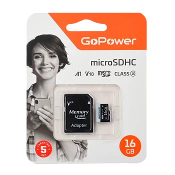 Карта памяти microSD GoPower 16GB Class10 60 МБ/сек V10 с адаптером