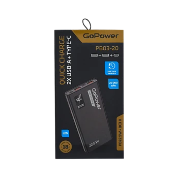 Внешний аккумулятор GoPower PB03-20 20000mAh 3.0A 22.5W 2USB/Type-C черный (1/50)