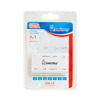 Картридер Smartbuy 750 USB2.0 SD/microSD/MS/M2 Combo с USB хабами белый
