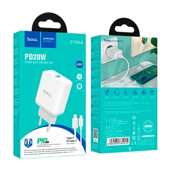 Сетевое З/У HOCO C104A Type-C 3.0A 20W QC3.0 с кабелем Type-C/Type-C белый (1/13/130)