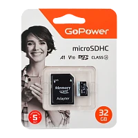 Карта памяти microSD GoPower 32GB Class10 60 МБ/сек V10 с адаптером