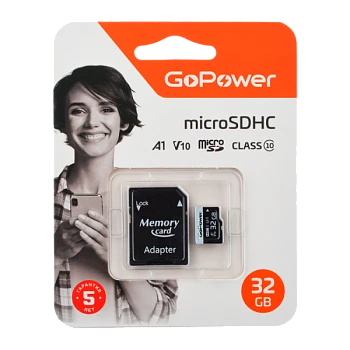 Карта памяти microSD GoPower 32GB Class10 60 МБ/сек V10 с адаптером