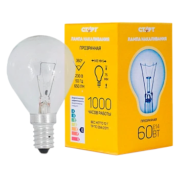 Лампа накаливания Старт E14 60W 230V шар ДШ прозрачная (1/10/100)