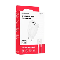 Сетевое З/У Borofone BA37A 2USB 2.4A с кабелем Lightning белый (1/28/112)