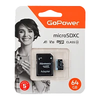 Карта памяти microSD GoPower 64GB Class10 70 МБ/сек V30 с адаптером