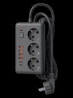 Сетевой фильтр прямоугольный КОСМОС 10A 2500Вт 1,5м 3 гнезда, выкл, пвс 3х1мм2, черный 4 USB+ 2 USBC