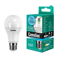 Лампа светодиодная Camelion A60 E27 7W 4500К 170-265V груша матовая (1/10/100)