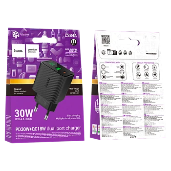 Сетевое З/У HOCO CS84A 1USB+1Type-C 3.0A 18W PD,QC дисплей черный (1/18/180)