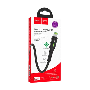 Кабель HOCO S24 USB (m)-Lightning (m) 1.2м 2.4A ткань черный (1/20/200)