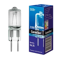 Лампа галогенная Camelion JD G6.35 50W 2800К 220-240V капсула прозрачная (1/5/100)