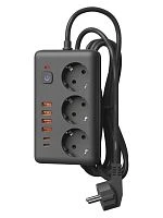 Сетевой фильтр прямоугольный КОСМОС 10A 2500Вт 3м 3 гнезда, выкл, пвс 3х1мм2, черный 4 USB+ 2 USBC