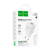 Сетевое З/У HOCO C147A 1USB+1Type-C 3.0A 20W PD,QC с кабелем Lightning белый (1/30/180)