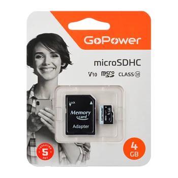 Карта памяти microSD GoPower 4GB Class10 15 МБ/сек V10 с адаптером