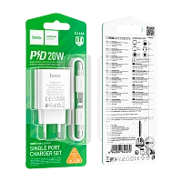 Сетевое З/У HOCO C143A Type-C 20W PD,QC с кабелем Lightning белый (1/28/168)